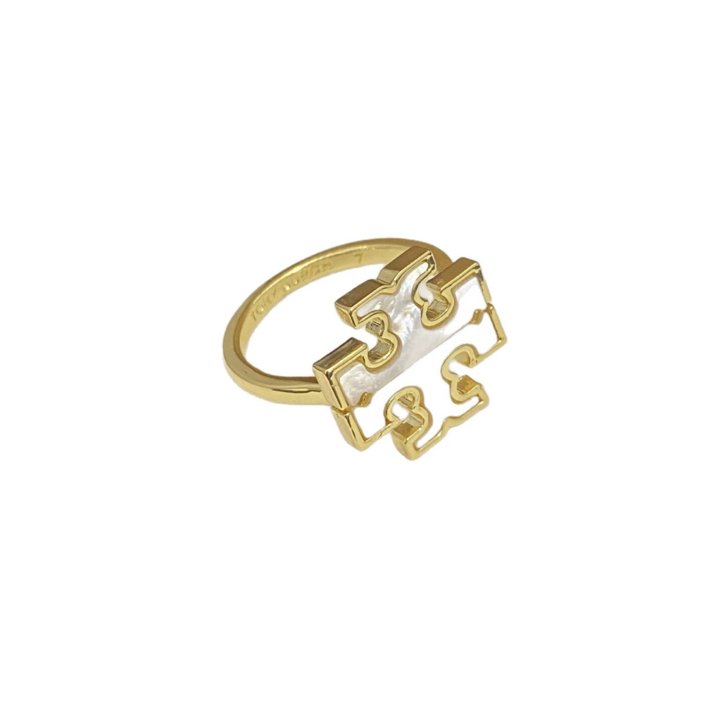 Tory Burch Shell Inlay Letter Ring Metal Band - Picture 5 of 6